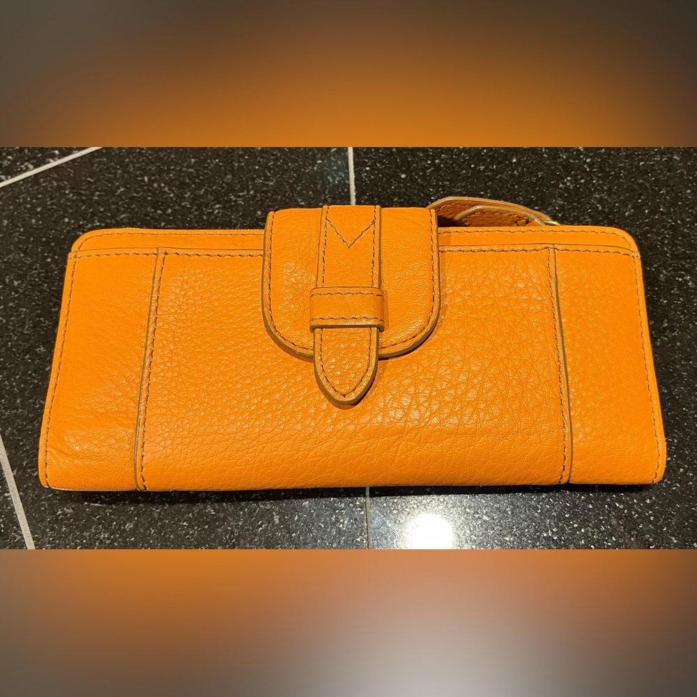 Fossil Wallet Tate bi Fold Orange Leather Card Slots Snap Front